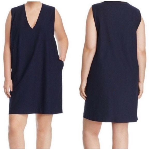 EILEEN FISHER Washable Stretch Crepe Deep V-Neck Dress in Midnight - Picture 6 of 13